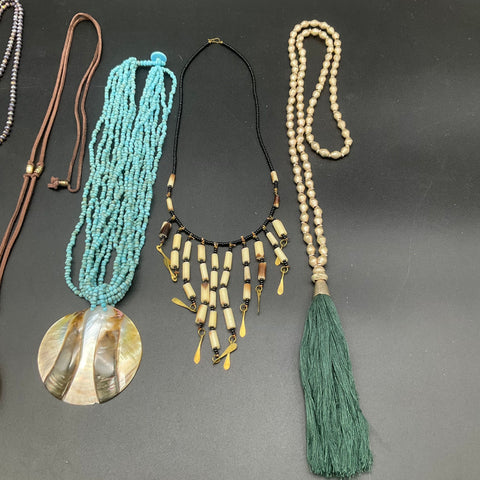 Vintage Boho Statement Jewelry Lot of 6 Necklaces Tassel Shell Agate Style