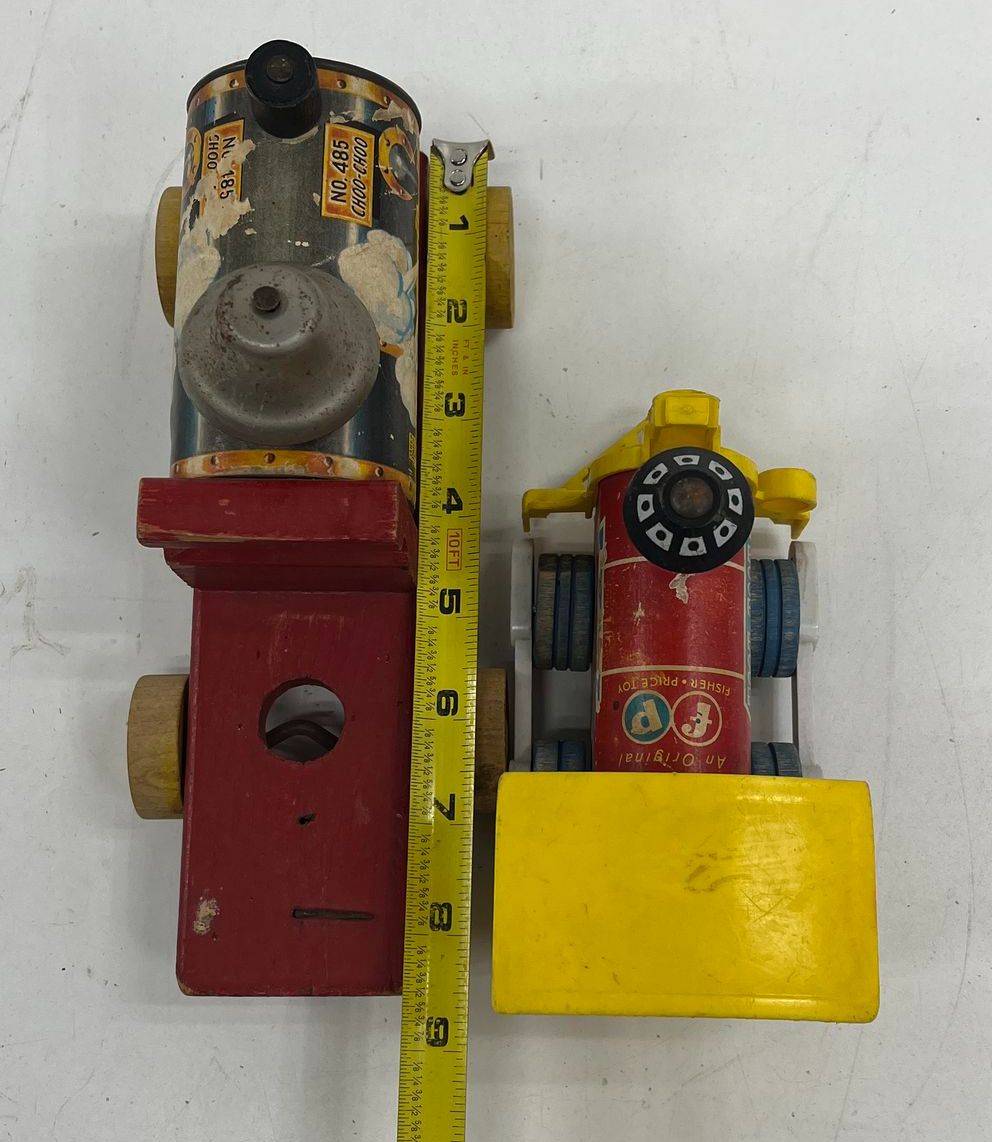 Vintage 60s Fisher Price Wood Pull Toy Train Lot Toot-Toot & No. 485 Choo Choo