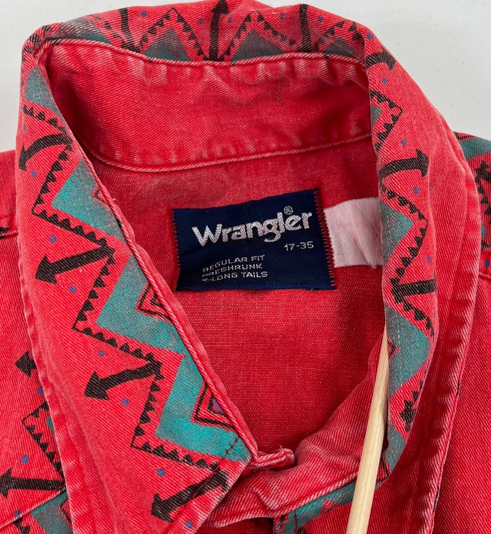 Vintage Wrangler Brushpopper Western Shirt Red Aztec Southwestern Print Cotton