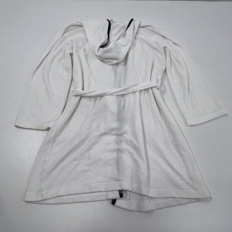 Ralph Lauren Women's White Hooded Cotton Blend Belted Robe Navy Trim Sz XS/S