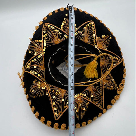 Vintage 90s Pigalle Mexican Sombrero Charro Hat Black Velvet Gold Sequins 18in