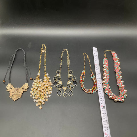Vintage to Modern Costume Jewelry Lot 5 Necklaces Bib Beaded Floral Gold Tone