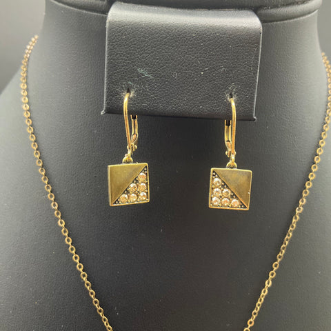 TCS Gold Tone Rhinestone Geometric Square Necklace and Earring Set 18"