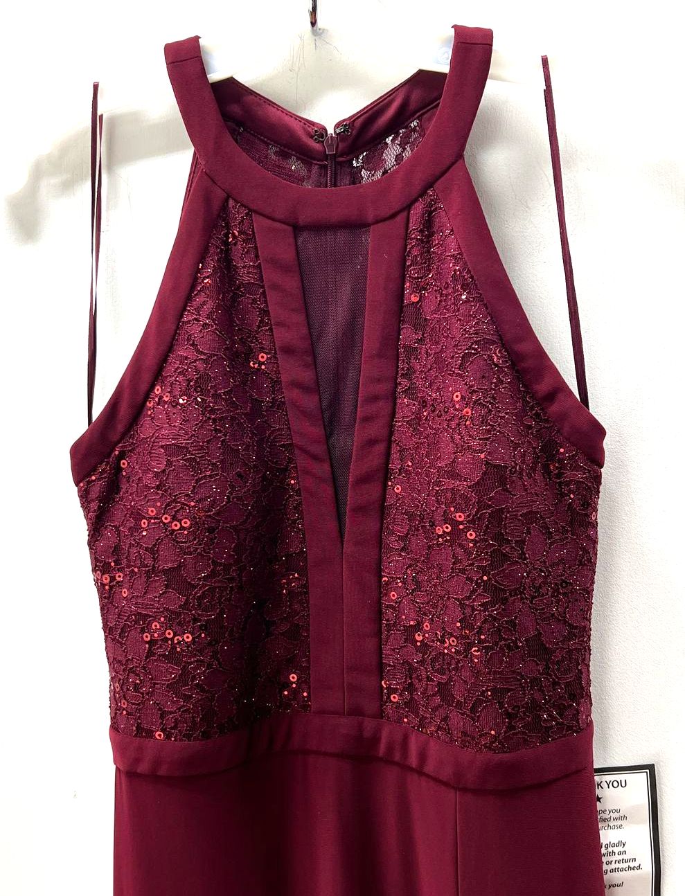 NWT Women's NightWay Merlot Maroon Sequined Lace Formal Dress w/ Slit - Size 8