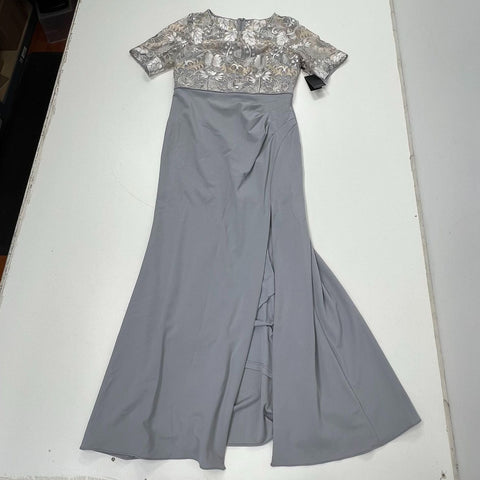 Adrianna Papell Floral Embroidered Bodice Maxi Gown Grey Size 14 NWT