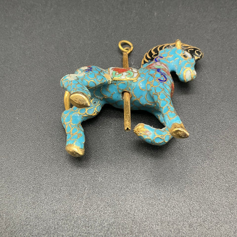 Vintage Cloisonne Enamel Carousel Horse Pendant Blue Gold Tone Jewelry 2.25"