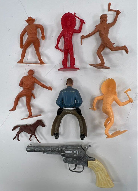 Vintage 60s-80s Marx Tim-Mee Toy Lot Cowboy Indian Figures Pony Boy Cap Gun
