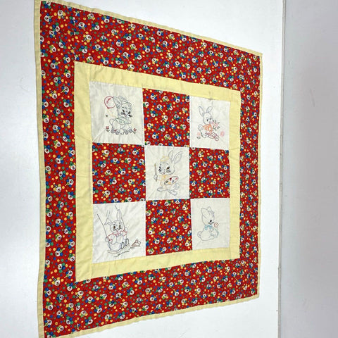 Vintage Clown Bunny Nursery Quilt Hand Embroidered Red Yellow 47x47 Inch