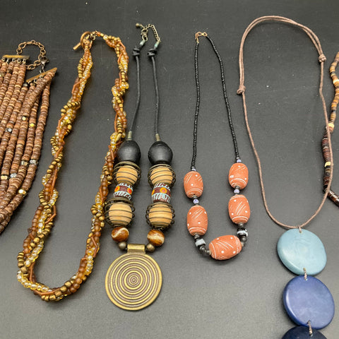 Boho Tribal Beaded Jewelry Lot 10 Necklaces Mother of Pearl Brass Wood Shell