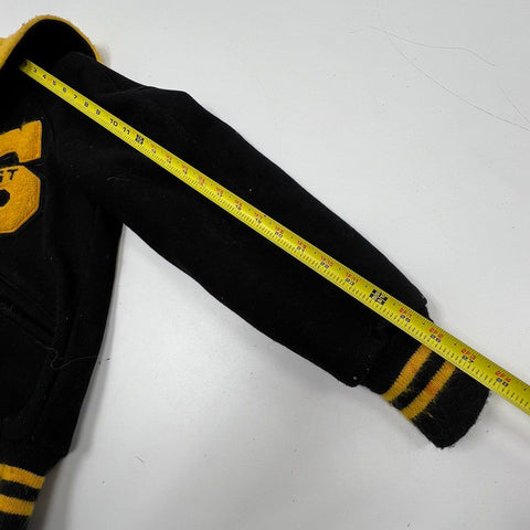 Vintage 80s Delong Wool Letterman Varsity Jacket Hooded Black Yellow '83 Sz 34