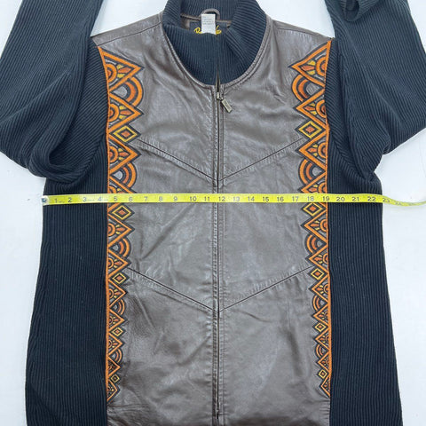 Bob Mackie Wearable Art Women's Brown Leather Ribbed Embroidered Jacket Sz L