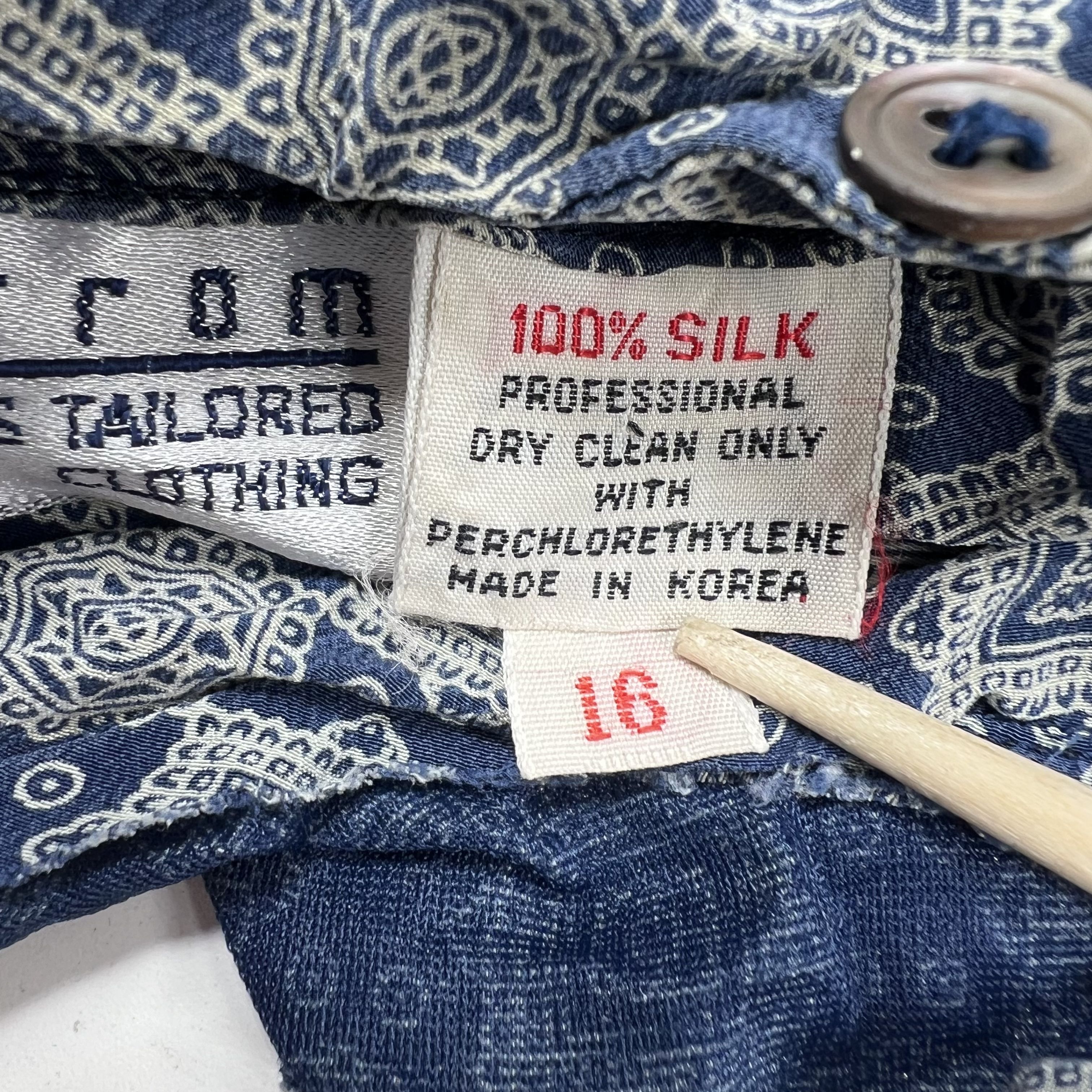 Vintage 90s Nordstrom Blue Geometric Print Silk Crinkle Blouse Women's 16