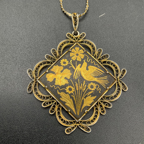 Vintage Damascene Pendant Necklace Gold Tone Filigree Frame Bird Floral 17"