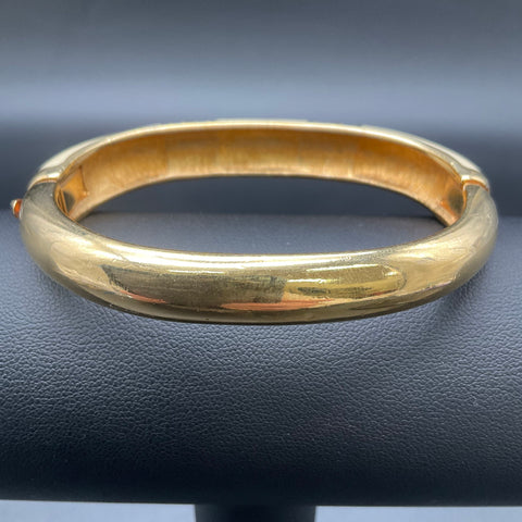 Vintage Swarovski Gold Tone Cream Enamel Crystal Hinged Bangle Bracelet 6.5"