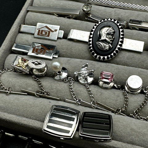 Vintage Mens Jewelry Lot Cufflinks Tie Bars Tacks Silver Tone Retro 40+ Pieces