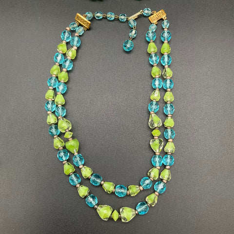 Vintage West Germany Green Blue Plastic Bead Demi Parure Necklace Earrings Set