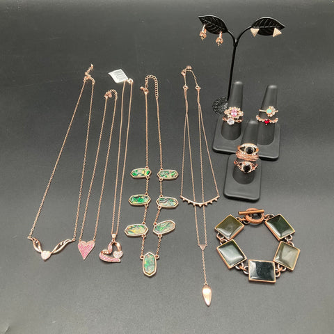 Rose Gold Tone Fashion Jewelry Lot of 15 Rings Necklaces Bracelet Earrings