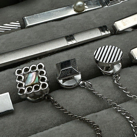Vintage Mens Jewelry Lot Cufflinks Tie Bars Tacks Silver Tone Retro 40+ Pieces