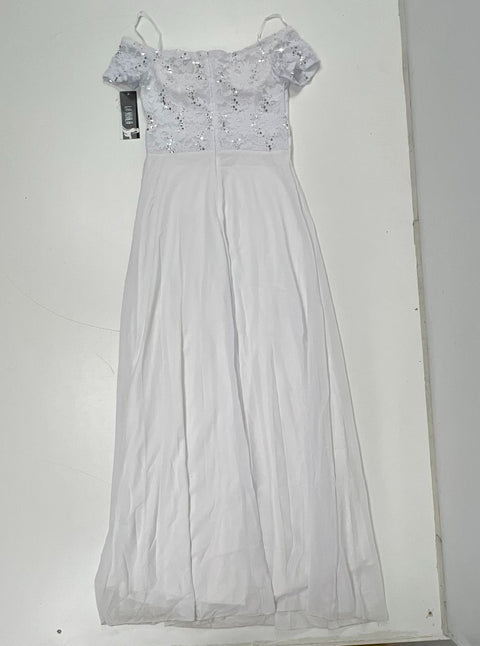 Vintage Y2K La Scala NWT White Sequin Lace Off Shoulder Maxi Dress Women's M