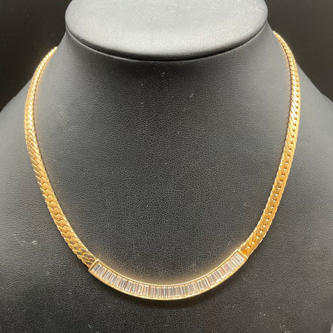 Vintage Swarovski Gold Tone Baguette Crystal Herringbone Necklace 16"