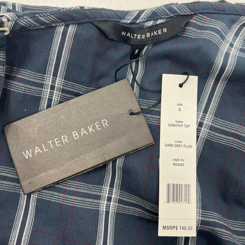 Walter Baker NWT Dorothy Dark Grey Plaid One Shoulder Ruffle Top Women's S