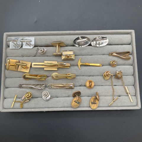Vintage Men's Costume Jewelry Lot Cufflinks Tie Bars Pins Gold Silver Tone