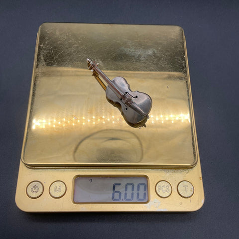 Vintage 925 Mexican Silver Violin Brooch Copper Wire Strings Taxco 2.75"