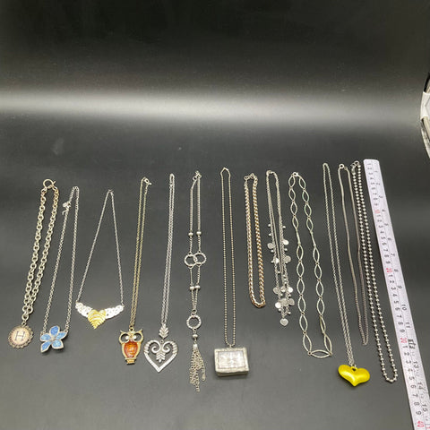 Mixed Costume Jewelry Lot 13 Necklaces Silver Gold Tone Owl Heart "H" Motif
