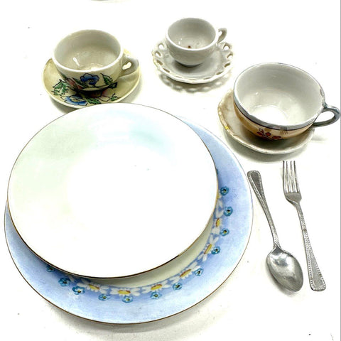 Vintage Miniature Child's Tea Set Lot 25pc Porcelain Plates Cups Teapot Metal