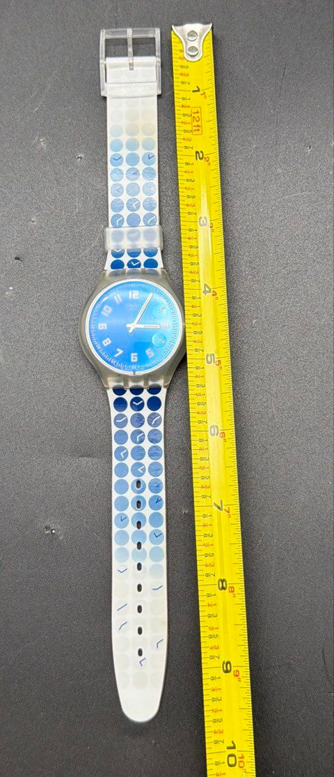 Vintage 2004 Swatch Swiss Quartz Watch Blue Dial AM/PM Indicator Dotted Strap