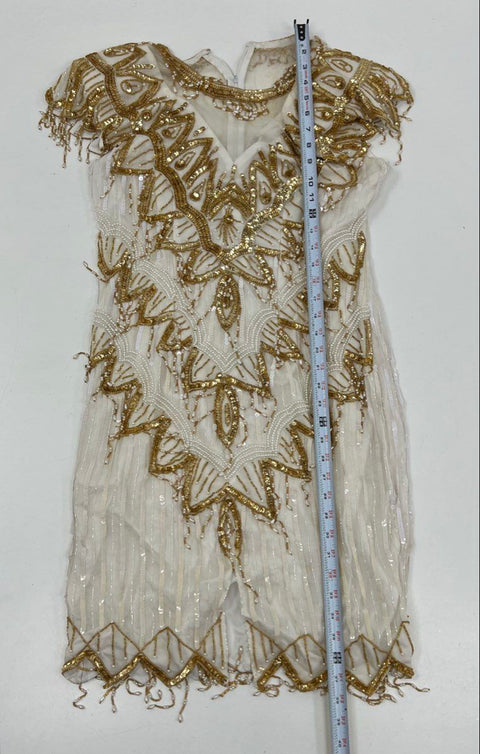 Lawrence Kazar Women's White Gold Vintage 90s Beaded Sequin Silk Dress Sz M