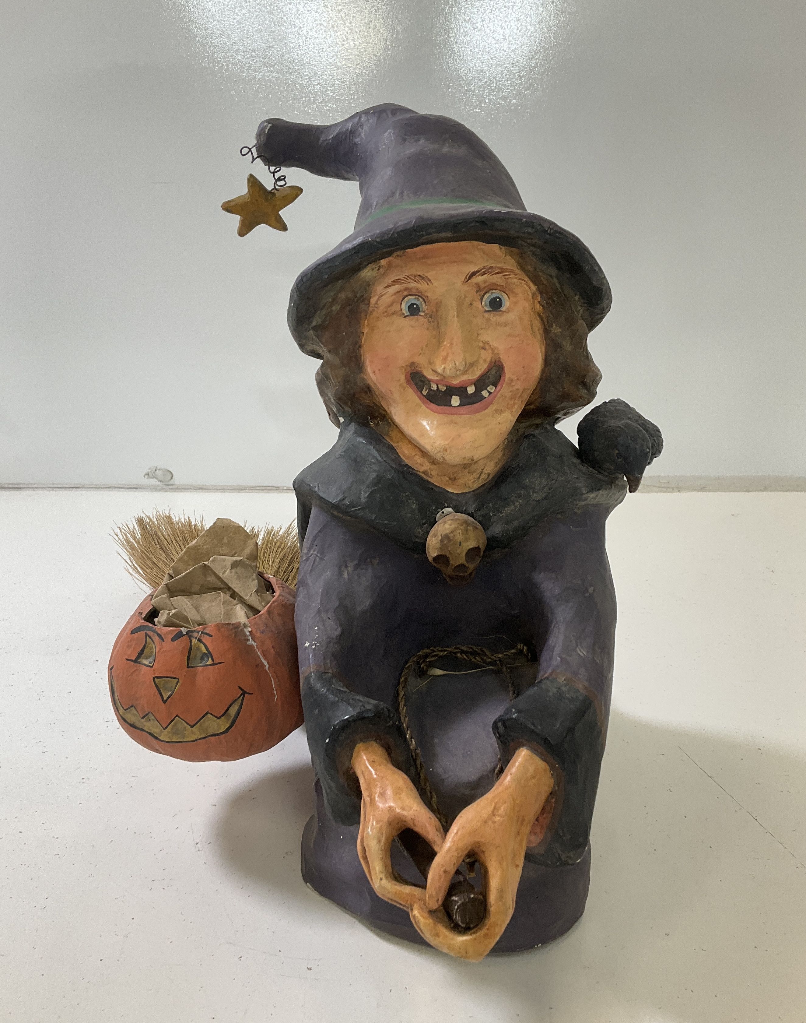Vintage Style Halloween Papier Mâché Witch On Broom Decoration
