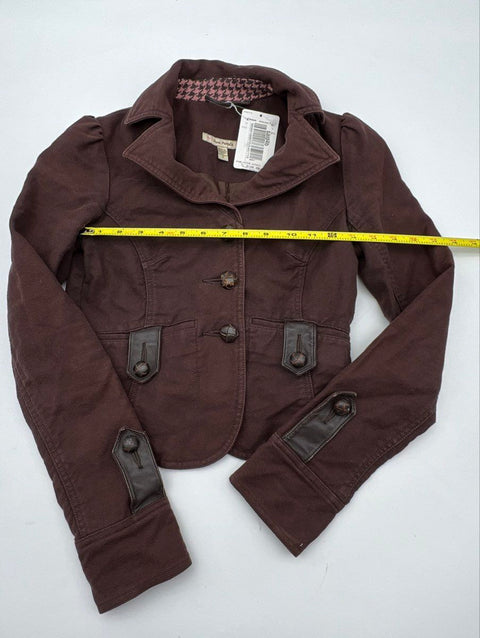 Free People Women's Brown Cotton Button Up Cropped Jacket Leather-Look NWT Sz 0
