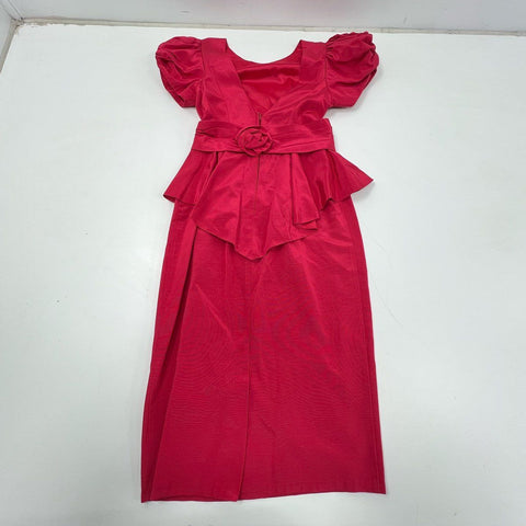 Vintage 80s Charisma Women's Red Puff Sleeve Peplum Sheath Midi Dress Sz 11/12