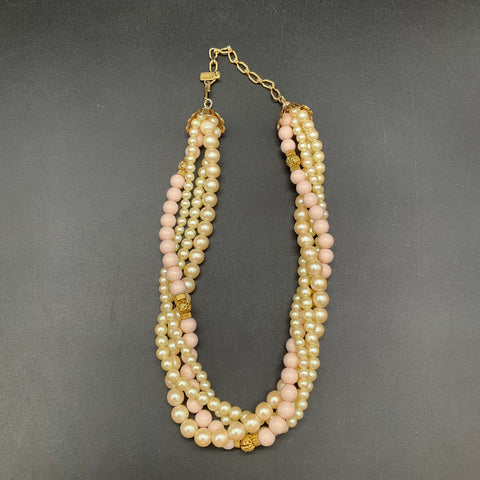 1928 Jewelry Gold Tone Faux Pearl Pink Bead Multi Strand Necklace 16"