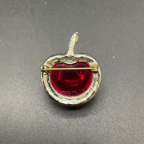 Vintage Sarah Coventry Jelly Belly Red Apple Brooch Gold Tone Mid-Century 1.5"
