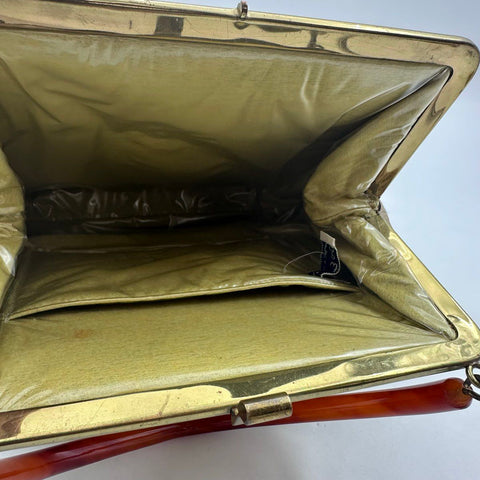 Vintage 1950s Soure Bag New York Tan Beaded Floral Lucite Handle Handbag Purse