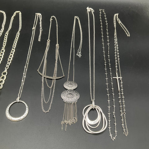 Silver Tone Fashion Jewelry Necklace Lot 9 Piece Cross Boho Chunky Link Pendants