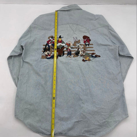 Vintage 1995 Looney Tunes Warner Bros Wild West Striped Western Shirt Sz L