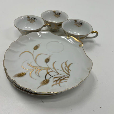 Lefton China Golden Wheat Snack Set 7pc 4 Plates 3 Cups Hand Painted Vintage