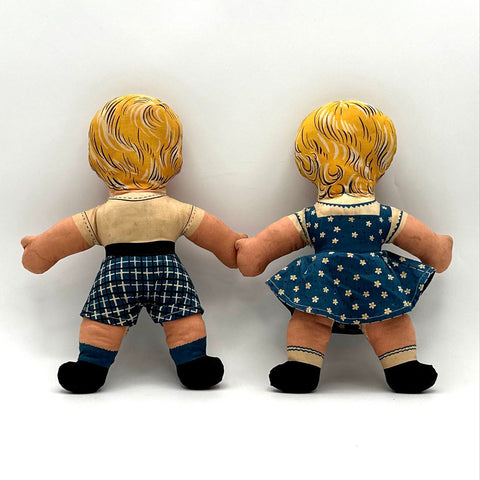 Collectible Cloth Doll Lot Vintage Printed Fabric Boy & Girl 2 Pieces 11 Inch