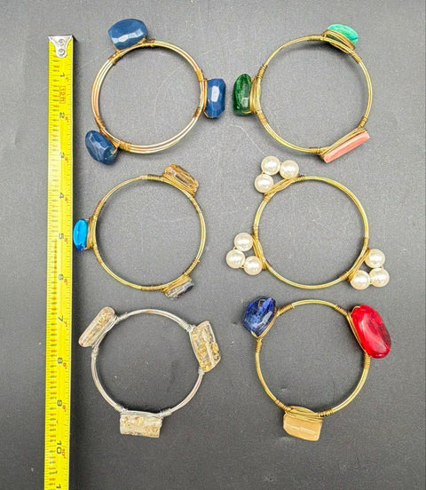 Wire Wrapped Bangle Bracelet Jewelry Lot 6pc Gold Silver Tone Faux Pearl Stone