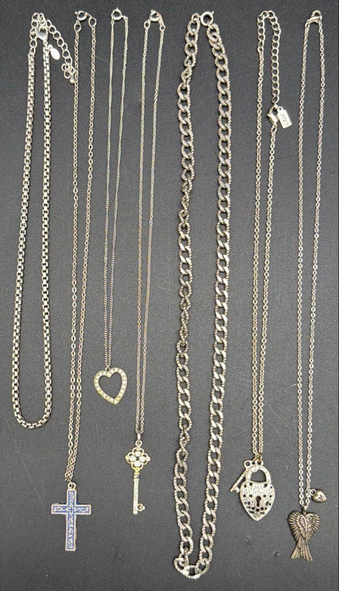 Silver Tone Costume Jewelry Lot 17 Pieces Necklaces Cross Heart Dreamcatcher