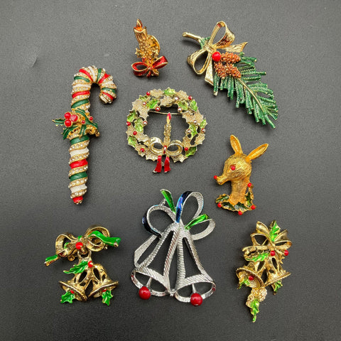 Vintage Enameled Rhinestone Christmas Holiday Brooch Pin Jewelry Lot of 8