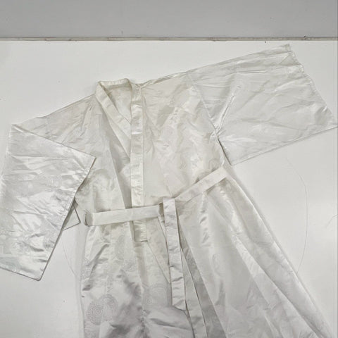Vintage Women's White Satin Damask Dragon Kimono Robe Japanese Style Long