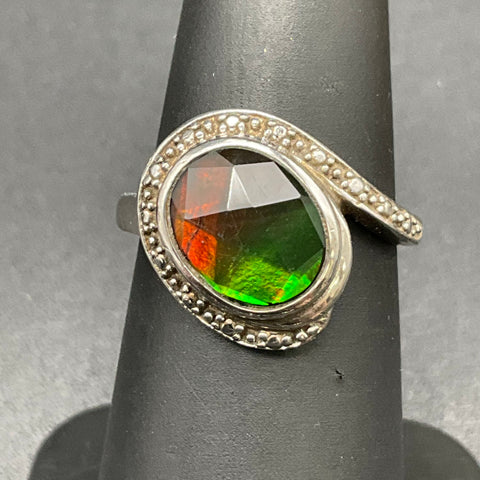 Sterling Silver 925 Spinner Leaf Ring & Iridescent Stone Boho Ring Set Size 6
