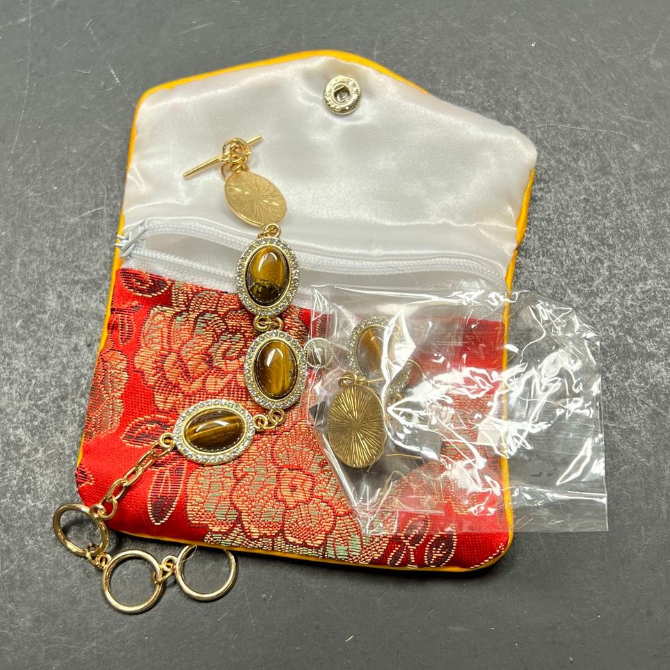 Yellow Tiger's Eye Bracelet & Earrings Set in Pouch New