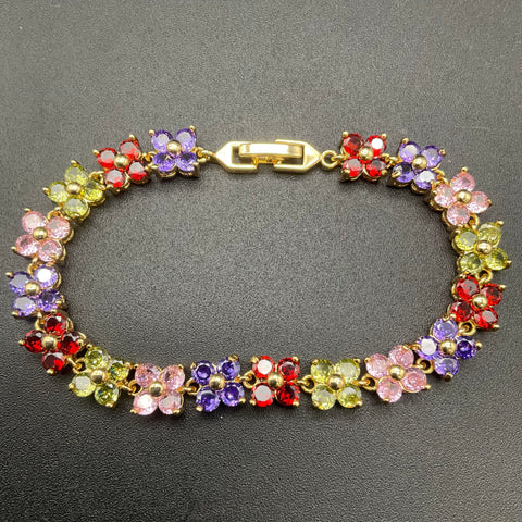 Gold Tone Faux Gemstone Link Bracelets Lot of 2 Blue Marquise & Multi Floral 7"