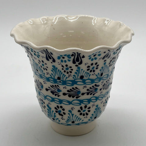 Vintage Hand Painted Ceramic Vase Blue White Floral Scalloped Rim 6" Tall