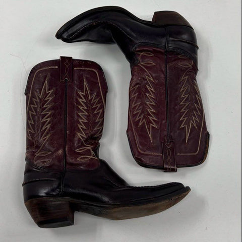 Vintage Two-Tone Burgundy Black Leather Cowboy Western Boots Men's Size 10